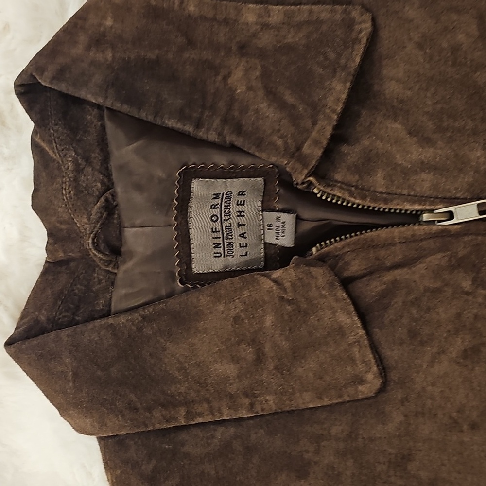 90s Uniform John Paul Richard Dark Brown Leather Suede Jacket Coat Womens 16 EUC